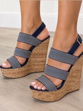 Jessica Simpson Navy and White Striped Cork Wedge Sandals Size 6